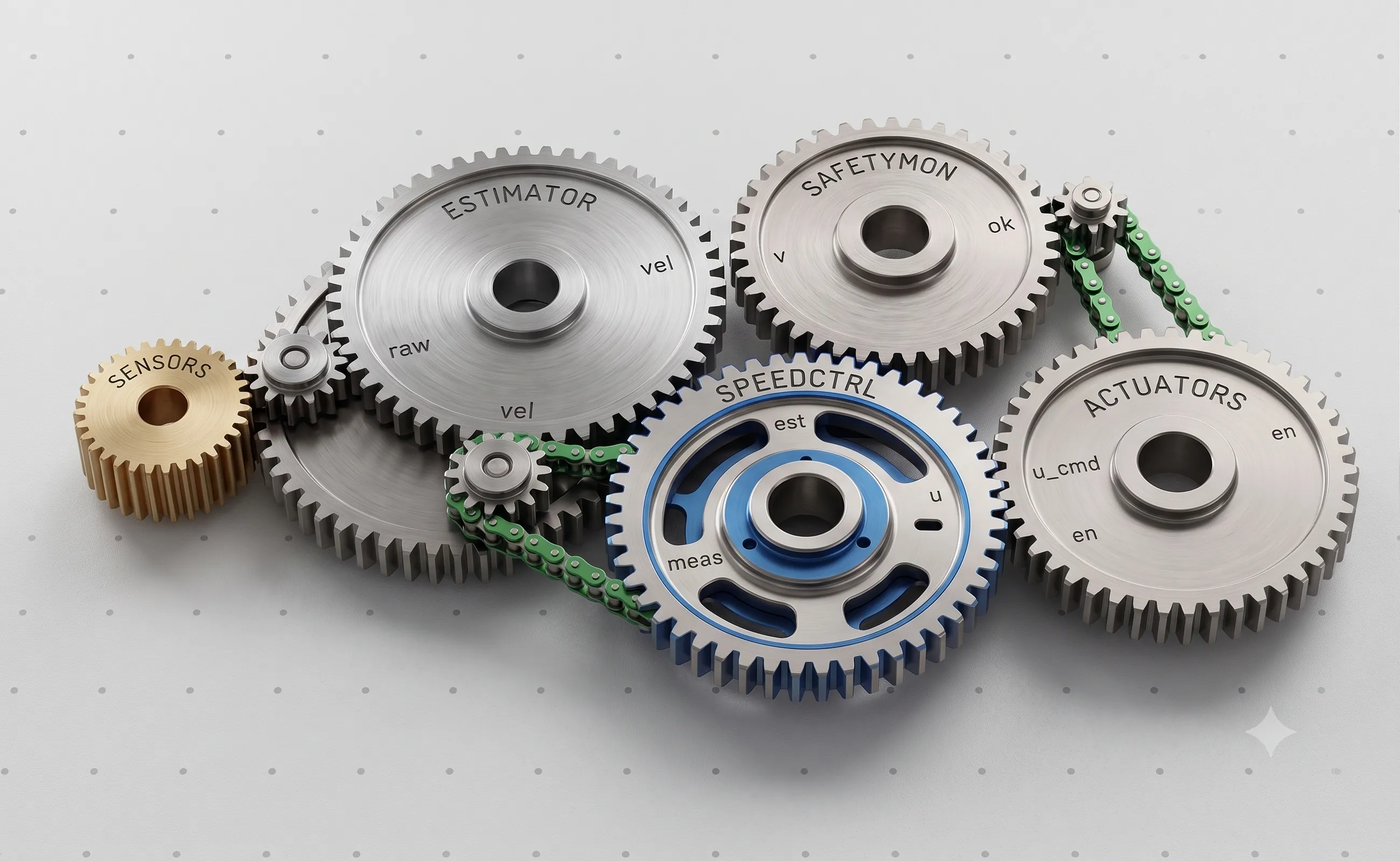 Software components represented as photorealistic metal gears meshing together into one system
