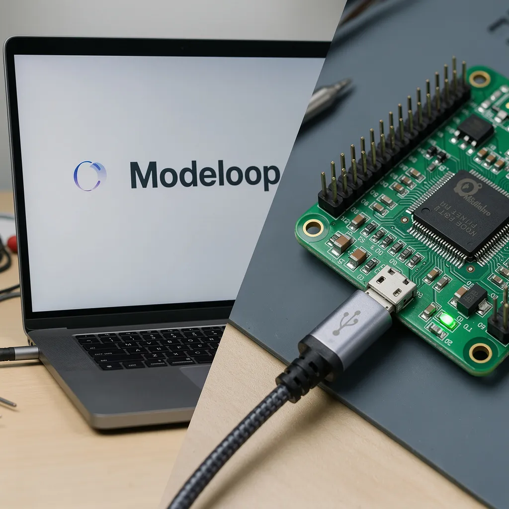 Modeloop firmware being flashed over USB from a laptop to a microcontroller board